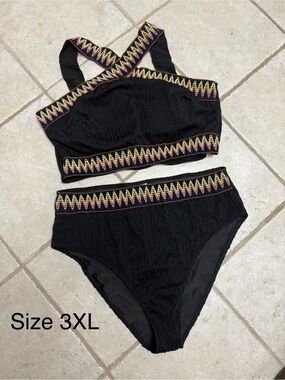 Desigual Black Two-Piece Swim Set with Multicolor Zigzag Trim